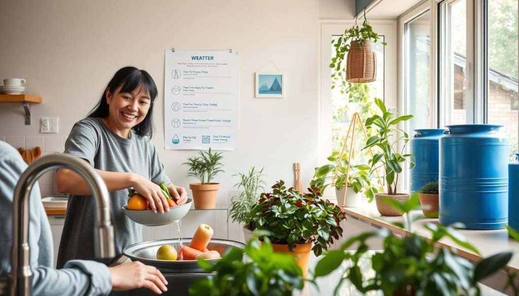A serene domestic environment showcasing ten simple gestures to reduce water consumption. In the foreground, a smiling person in casual clothing is washing vegetables in a bowl, using only a small trickle of water. Nearby, a family member turns off a tap while brushing their teeth, emphasizing conservation. In the middle background, a wall chart illustrating water-saving tips can be faintly seen, surrounded by houseplants that thrive without excessive watering. Soft, natural lighting floods the scene, enhancing the warm atmosphere. Through a window in the background, a bright sunlit garden reflects a sustainable lifestyle, with rainwater barrels placed nearby. The overall mood is positive and educational, urging viewers to adopt water-saving habits in their daily lives. A serene domestic environment showcasing ten simple gestures to reduce water consumption. In the foreground, a smiling person in casual clothing is washing vegetables in a bowl, using only a small trickle of water. Nearby, a family member turns off a tap while brushing their teeth, emphasizing conservation. In the middle background, a wall chart illustrating water-saving tips can be faintly seen, surrounded by houseplants that thrive without excessive watering. Soft, natural lighting floods the scene, enhancing the warm atmosphere. Through a window in the background, a bright sunlit garden reflects a sustainable lifestyle, with rainwater barrels placed nearby. The overall mood is positive and educational, urging viewers to adopt water-saving habits in their daily lives.