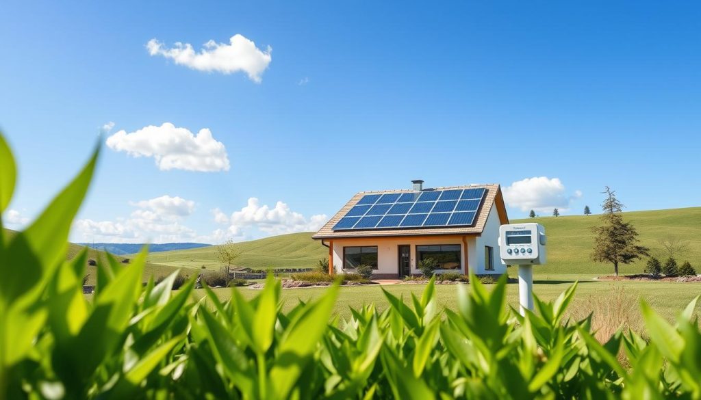 A serene landscape showcasing a modern home equipped with solar panels on its roof, symbolizing self-sufficient energy production. In the foreground, vibrant green plants and a neatly landscaped garden reflect environmental harmony. The middle ground features the home, bathed in warm sunlight, with clear blue skies above and fluffy white clouds. Nearby, an energy meter indicates surplus production, emphasizing the concept of photovoltaics. In the background, gently rolling hills and a few scattered trees add depth, contributing to a peaceful atmosphere. The lighting is bright and natural, evoking a sense of hope and sustainability. The angle is slightly elevated, providing a comprehensive view of the setup without any people present, focusing on the technology and nature's beauty together. A serene landscape showcasing a modern home equipped with solar panels on its roof, symbolizing self-sufficient energy production. In the foreground, vibrant green plants and a neatly landscaped garden reflect environmental harmony. The middle ground features the home, bathed in warm sunlight, with clear blue skies above and fluffy white clouds. Nearby, an energy meter indicates surplus production, emphasizing the concept of photovoltaics. In the background, gently rolling hills and a few scattered trees add depth, contributing to a peaceful atmosphere. The lighting is bright and natural, evoking a sense of hope and sustainability. The angle is slightly elevated, providing a comprehensive view of the setup without any people present, focusing on the technology and nature's beauty together.