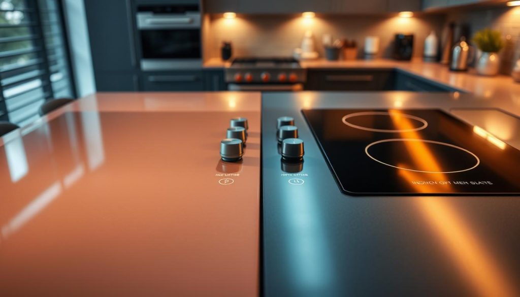 A side-by-side comparison of a ceramic glass cooktop and an induction cooktop, showcasing their surfaces and features. In the foreground, highlight the smooth, glossy texture of the ceramic glass with a warm glow reflecting off it, while the induction cooktop features sleek, dark materials with illuminated zones showing active cooking areas. In the middle, display detailed elements such as control knobs and indicators. The background should feature a modern kitchen environment with ambient lighting that creates a cozy atmosphere, emphasizing the contemporary design. The composition should be top-down, focusing on the differences in surface design and functionality, with a balanced color palette of warm tones for the ceramic and cool tones for the induction. A side-by-side comparison of a ceramic glass cooktop and an induction cooktop, showcasing their surfaces and features. In the foreground, highlight the smooth, glossy texture of the ceramic glass with a warm glow reflecting off it, while the induction cooktop features sleek, dark materials with illuminated zones showing active cooking areas. In the middle, display detailed elements such as control knobs and indicators. The background should feature a modern kitchen environment with ambient lighting that creates a cozy atmosphere, emphasizing the contemporary design. The composition should be top-down, focusing on the differences in surface design and functionality, with a balanced color palette of warm tones for the ceramic and cool tones for the induction.