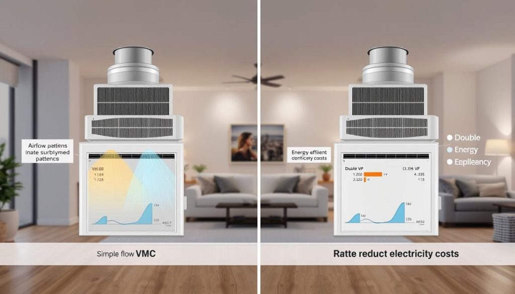 A split image comparing two ventilation systems: on the left, a "simple flow" VMC unit prominently displayed with labels highlighting airflow patterns in a residential setting, showcasing energy consumption graphics in a clean and modern style. On the right, a "double flow" VMC unit illustrated similarly, with contrasting energy efficiency metrics and graphical data demonstrating reduced electricity costs. In the background, a subtle integration of home interiors, such as an open space with furniture that emphasizes comfort. Use soft, ambient lighting to create a professional atmosphere, with a slight focus on the systems to convey clarity and detail. The image should have a balanced and informative composition, providing a visual comparison without any text overlays.