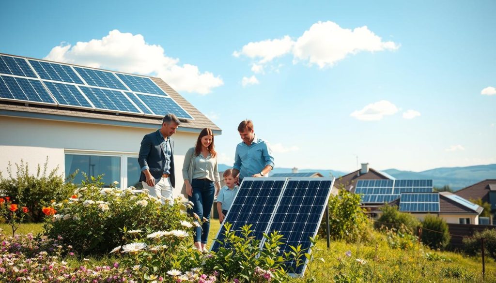 A sunny outdoor scene showcasing the advantages of energy independence through solar panels. In the foreground, a modern house with sleek solar panels on the roof, surrounded by a lush, green garden with blooming flowers. A family of four—two adults in professional business attire and two children modestly dressed—are happily interacting, examining a small solar panel setup in the garden. In the middle ground, additional solar panels can be seen on nearby rooftops with subtle reflections of sunlight. The background features a clear blue sky with a few fluffy clouds and distant hills, enhancing the sense of a sustainable and peaceful environment. The overall atmosphere is bright, optimistic, and represents the concept of self-sufficiency and eco-friendliness in energy consumption. Soft, natural lighting casts gentle shadows, making the scene inviting and lively. A sunny outdoor scene showcasing the advantages of energy independence through solar panels. In the foreground, a modern house with sleek solar panels on the roof, surrounded by a lush, green garden with blooming flowers. A family of four—two adults in professional business attire and two children modestly dressed—are happily interacting, examining a small solar panel setup in the garden. In the middle ground, additional solar panels can be seen on nearby rooftops with subtle reflections of sunlight. The background features a clear blue sky with a few fluffy clouds and distant hills, enhancing the sense of a sustainable and peaceful environment. The overall atmosphere is bright, optimistic, and represents the concept of self-sufficiency and eco-friendliness in energy consumption. Soft, natural lighting casts gentle shadows, making the scene inviting and lively.