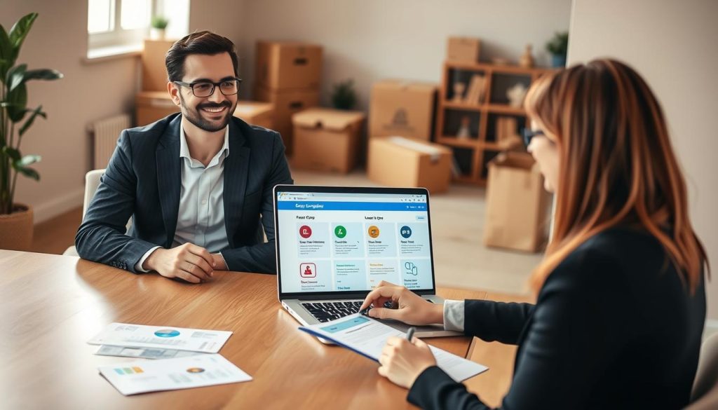 A thoughtfully designed workspace showcasing a professional consultation about changing gas suppliers during a move. In the foreground, a smiling, well-dressed consultant sits at a sleek desk, facing a customer, who is taking notes on a notepad. The middle ground features a laptop with an energy comparison website displayed, alongside documents illustrating various gas offers. In the background, a cozy, well-organized living room is visible, with moving boxes subtly placed, symbolizing the recent move. Warm, natural light filters through a window, creating a welcoming atmosphere. The angle is slightly elevated, capturing the interaction between the consultant and the customer while emphasizing the informative nature of the discussion. The mood is professional yet friendly, highlighting the ease of transitioning gas suppliers. A thoughtfully designed workspace showcasing a professional consultation about changing gas suppliers during a move. In the foreground, a smiling, well-dressed consultant sits at a sleek desk, facing a customer, who is taking notes on a notepad. The middle ground features a laptop with an energy comparison website displayed, alongside documents illustrating various gas offers. In the background, a cozy, well-organized living room is visible, with moving boxes subtly placed, symbolizing the recent move. Warm, natural light filters through a window, creating a welcoming atmosphere. The angle is slightly elevated, capturing the interaction between the consultant and the customer while emphasizing the informative nature of the discussion. The mood is professional yet friendly, highlighting the ease of transitioning gas suppliers.