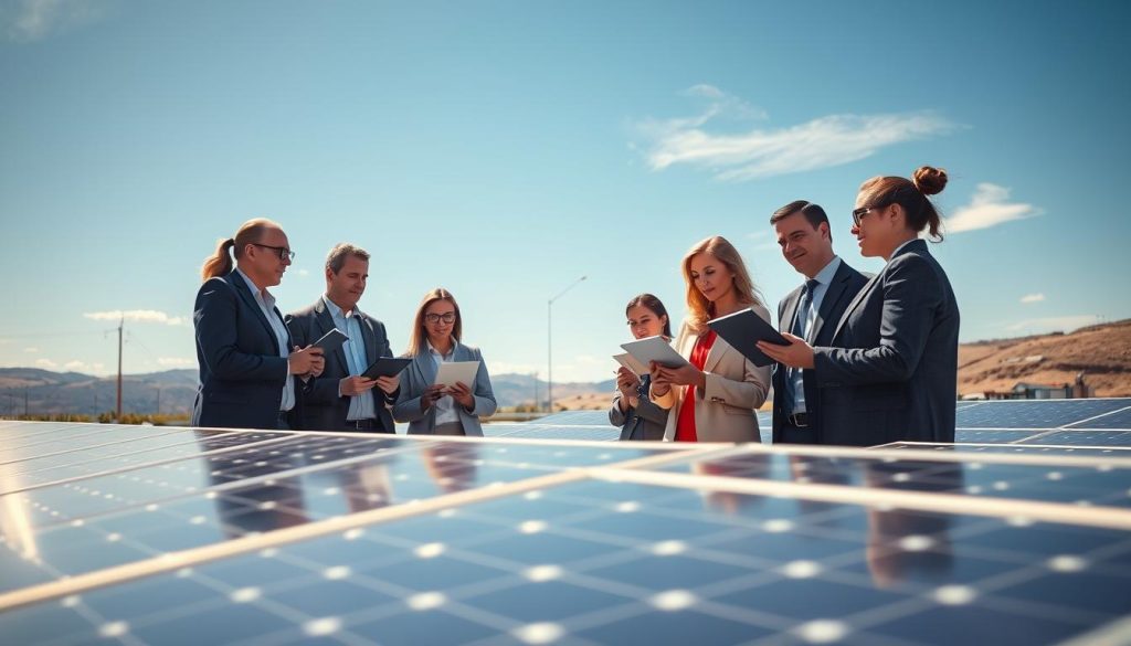 A vibrant and detailed scene depicting the factors influencing the real production of solar panels, set in a solar farm. In the foreground, showcase solar panels with a slight tilt, glistening under bright sunlight. The middle ground features a diverse group of professionals in business attire analyzing data on tablets, engaged in a discussion about solar energy efficiency. In the background, a clear blue sky with a few wispy clouds and distant hills adds depth. Illuminate the scene with natural sunlight, creating dynamic shadows. Capture an optimistic and innovative atmosphere, focusing on renewable energy and technology advancements in solar power. A vibrant and detailed scene depicting the factors influencing the real production of solar panels, set in a solar farm. In the foreground, showcase solar panels with a slight tilt, glistening under bright sunlight. The middle ground features a diverse group of professionals in business attire analyzing data on tablets, engaged in a discussion about solar energy efficiency. In the background, a clear blue sky with a few wispy clouds and distant hills adds depth. Illuminate the scene with natural sunlight, creating dynamic shadows. Capture an optimistic and innovative atmosphere, focusing on renewable energy and technology advancements in solar power.