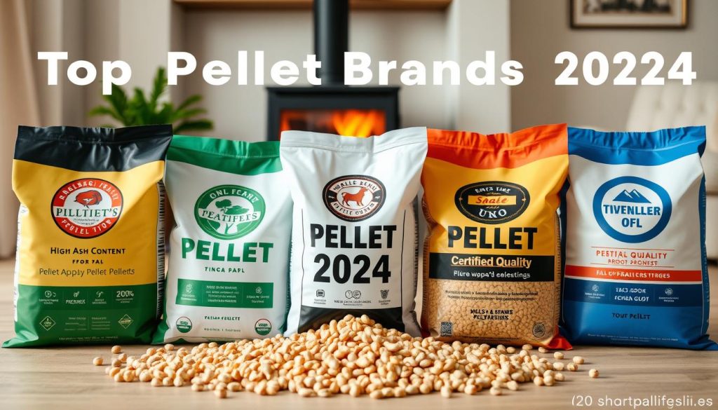 A visually engaging comparison of the top pellet brands for 2024, featuring several neatly arranged bags of different pellets in the foreground. Each bag is distinctively branded, showcasing their logos and key attributes, such as "high ash content," "certified quality," and "eco-friendly." In the middle ground, include small wood pellet samples spilling from the bags, symbolizing their quality and performance. The background should be a softly blurred setting of a modern living room with a pellet stove, suggesting warmth and comfort. Use soft, natural lighting to create a cozy atmosphere, capturing the details of the pellets’ texture under a slight overhead angle. Overall, convey a sense of professionalism and reliability in pellet choices, suitable for discerning consumers.