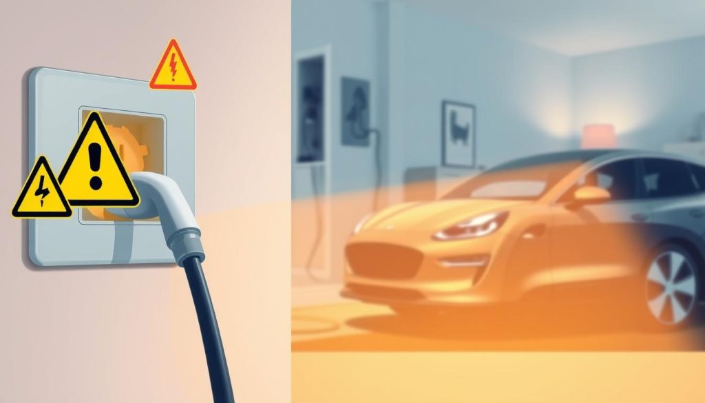 A visually informative illustration depicting the safety risks associated with using a domestic socket for electric vehicle charging. In the foreground, a close-up of a home charging cable plugged into a standard wall socket, with warning signs subtly integrated into the image, such as electricity hazard symbols. The middle ground features a slightly opened electrical panel, revealing wirings that could pose safety risks, alongside a charging electric car that looks sleek and modern. The background shows a cozy residential setting with soft, warm lighting that contrasts the potential hazards, creating an atmosphere of caution. The angle is slightly elevated, offering a comprehensive view that emphasizes both the charging process and the surrounding safety concerns. The overall mood is serious yet informative, highlighting the importance of safety in EV charging at home. A visually informative illustration depicting the safety risks associated with using a domestic socket for electric vehicle charging. In the foreground, a close-up of a home charging cable plugged into a standard wall socket, with warning signs subtly integrated into the image, such as electricity hazard symbols. The middle ground features a slightly opened electrical panel, revealing wirings that could pose safety risks, alongside a charging electric car that looks sleek and modern. The background shows a cozy residential setting with soft, warm lighting that contrasts the potential hazards, creating an atmosphere of caution. The angle is slightly elevated, offering a comprehensive view that emphasizes both the charging process and the surrounding safety concerns. The overall mood is serious yet informative, highlighting the importance of safety in EV charging at home.