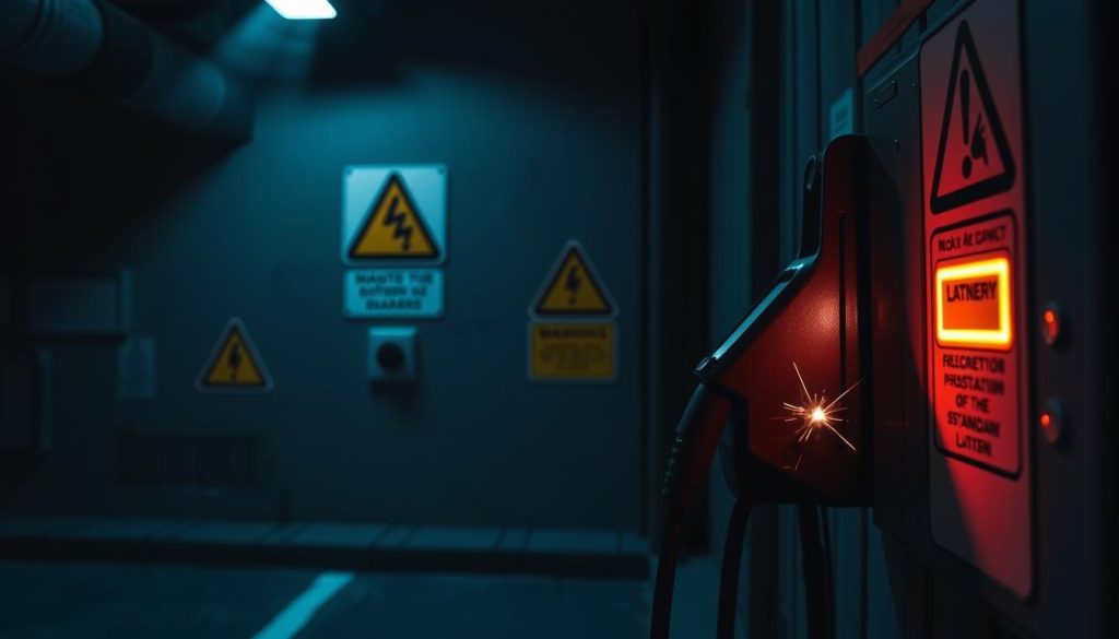 A visually striking image depicting a hazardous electric vehicle charging station installation, highlighting the risks of non-compliance with safety standards. In the foreground, a poorly installed charging unit with exposed wires and a malfunctioning disjoncteur, sparking slightly. In the middle ground, there are warning signs and electrical safety symbols, emphasizing the dangers. The background features a dimly lit environment, with shadows that create a tense atmosphere, underscoring the sense of danger. Soft, dramatic lighting focuses on the hazards while casting deeper shadows, reminiscent of a cautionary scene. The angle is slightly tilted, adding to the unease, aiming to convey a sense of urgency and risk associated with improper installations. A visually striking image depicting a hazardous electric vehicle charging station installation, highlighting the risks of non-compliance with safety standards. In the foreground, a poorly installed charging unit with exposed wires and a malfunctioning disjoncteur, sparking slightly. In the middle ground, there are warning signs and electrical safety symbols, emphasizing the dangers. The background features a dimly lit environment, with shadows that create a tense atmosphere, underscoring the sense of danger. Soft, dramatic lighting focuses on the hazards while casting deeper shadows, reminiscent of a cautionary scene. The angle is slightly tilted, adding to the unease, aiming to convey a sense of urgency and risk associated with improper installations.