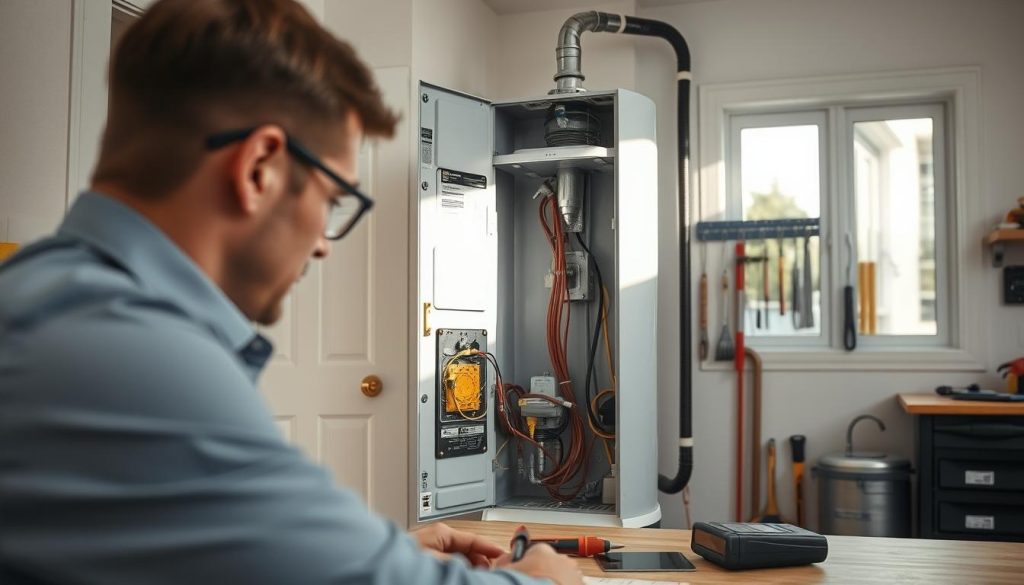A well-lit, close-up view of a technician examining a malfunctioning electric water heater in a home setting. The foreground features the technician, dressed in professional business attire, with tools such as a multimeter and screwdriver on a nearby table. In the middle, the open service panel of the water heater reveals complex wiring and components, showcasing potential issues like rust or leaks. In the background, a clean and modern utility room with light-colored walls and neatly organized tools adds to the atmosphere. Soft, natural lighting filters in through a nearby window, casting gentle shadows that enhance the focus on the water heater. The mood is analytical and focused, evoking a sense of problem-solving and diagnostics. A well-lit, close-up view of a technician examining a malfunctioning electric water heater in a home setting. The foreground features the technician, dressed in professional business attire, with tools such as a multimeter and screwdriver on a nearby table. In the middle, the open service panel of the water heater reveals complex wiring and components, showcasing potential issues like rust or leaks. In the background, a clean and modern utility room with light-colored walls and neatly organized tools adds to the atmosphere. Soft, natural lighting filters in through a nearby window, casting gentle shadows that enhance the focus on the water heater. The mood is analytical and focused, evoking a sense of problem-solving and diagnostics.
