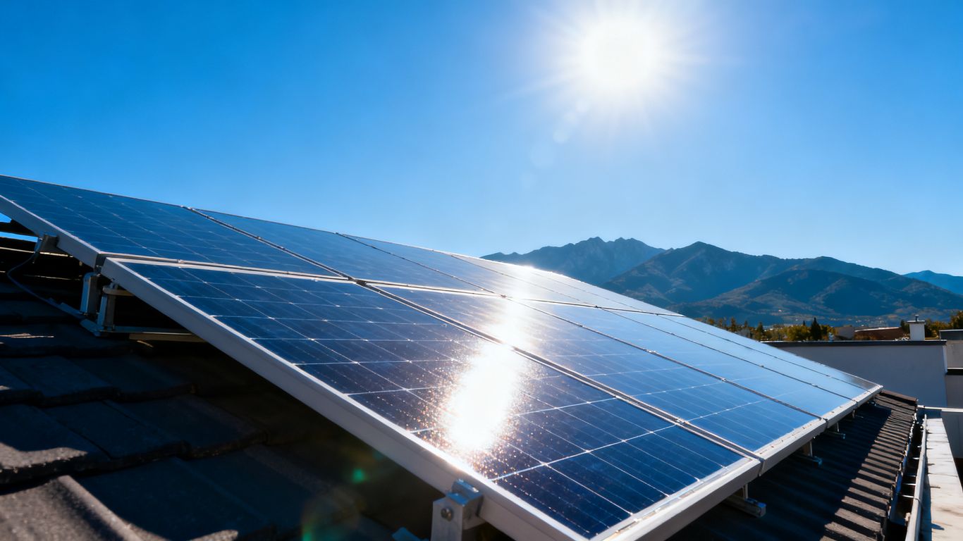 Panneaux solaires sous un ciel bleu éclatant.