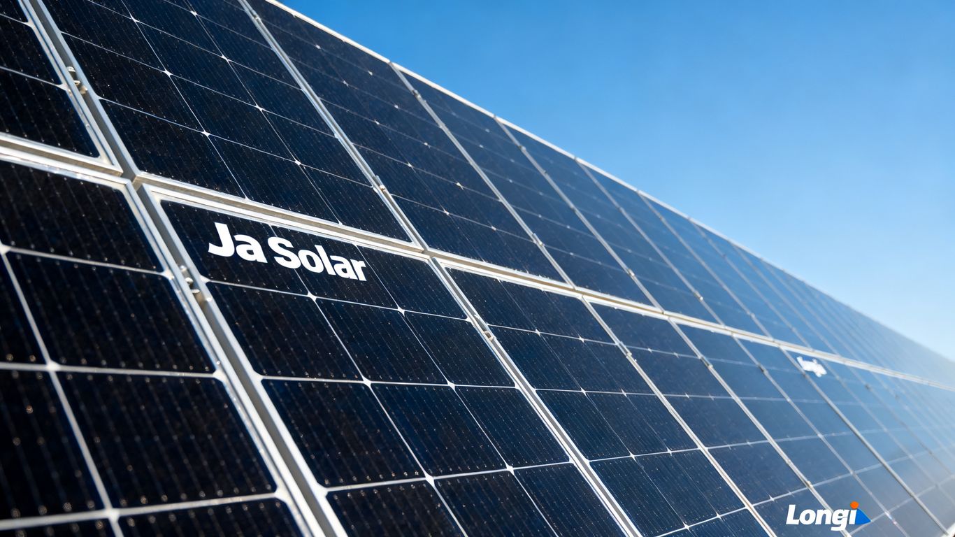 Panneaux solaires JA Solar et Longi sous un ciel bleu.
