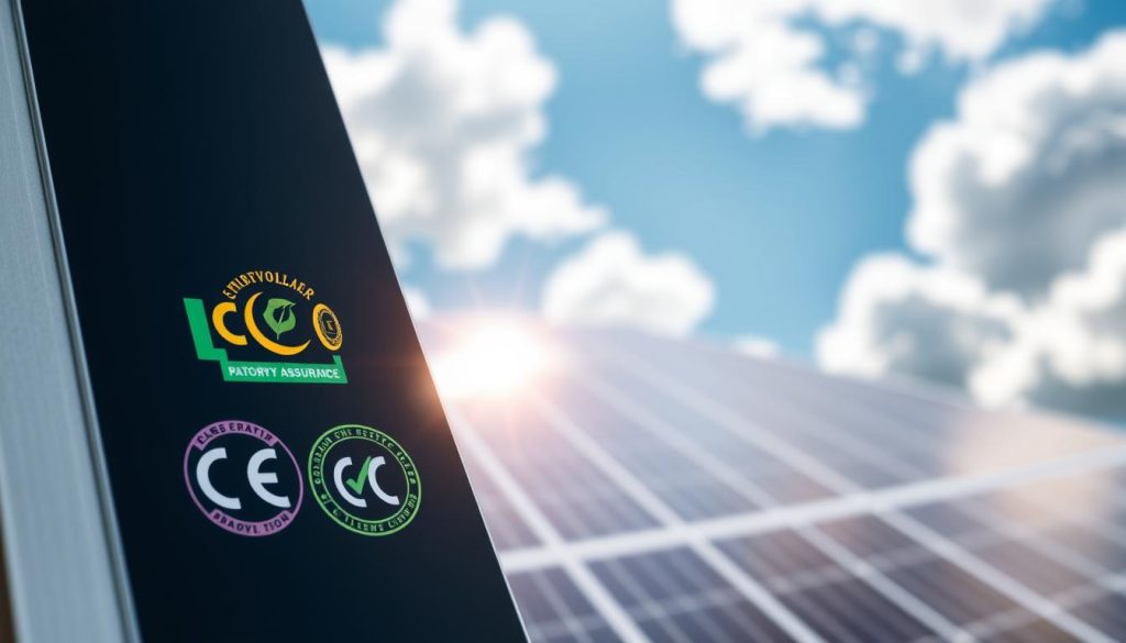 A detailed composition showcasing various certifications and labels associated with photovoltaic installation reliability. In the foreground, prominently feature various colorful certification badges like ISO, CE, and Quality Assurance symbols, artistically arranged on a sleek black background. In the middle ground, incorporate a subtle, blurred image of solar panels glinting under natural sunlight, creating a harmonious link between the certifications and the technology. The background should softly blend into a bright blue sky with fluffy white clouds, evoking a sense of clean, sustainable energy. Utilize soft lighting to enhance visibility of the labels, while maintaining a professional and informative atmosphere, suitable for a technical article. A detailed composition showcasing various certifications and labels associated with photovoltaic installation reliability. In the foreground, prominently feature various colorful certification badges like ISO, CE, and Quality Assurance symbols, artistically arranged on a sleek black background. In the middle ground, incorporate a subtle, blurred image of solar panels glinting under natural sunlight, creating a harmonious link between the certifications and the technology. The background should softly blend into a bright blue sky with fluffy white clouds, evoking a sense of clean, sustainable energy. Utilize soft lighting to enhance visibility of the labels, while maintaining a professional and informative atmosphere, suitable for a technical article.
