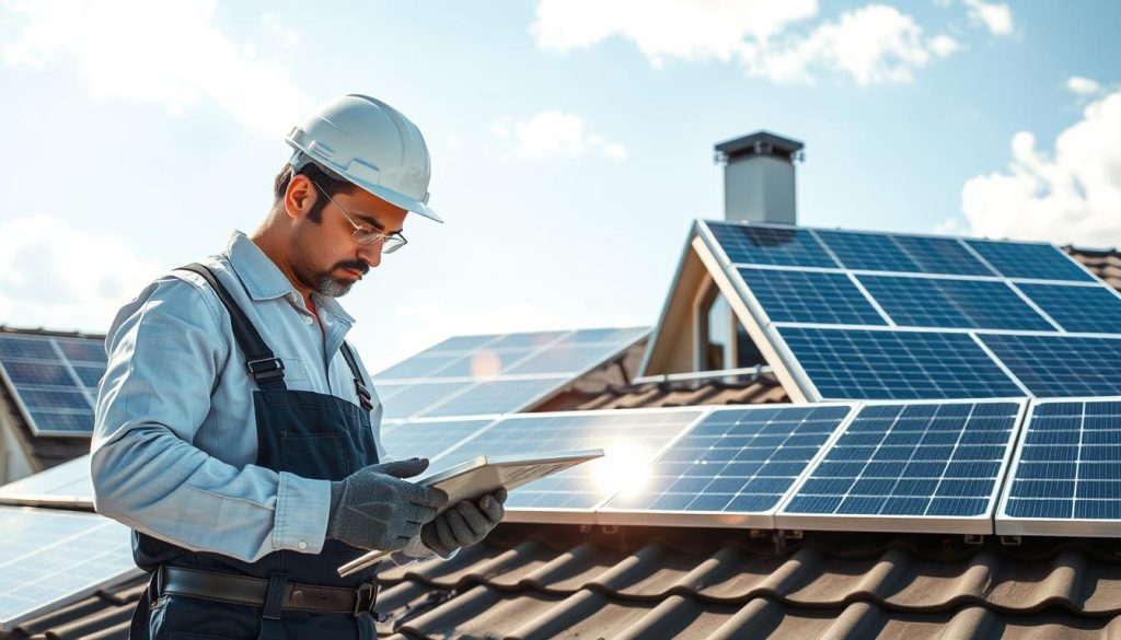 A detailed scene illustrating the photovoltaic installation process. In the foreground, a technician in professional attire examines solar panels with intricate details and tools visible, emphasizing precision. The middle ground features a rooftop of a modern home equipped with freshly installed solar panels, showcasing various angles of the panels reflecting sunlight. In the background, a clear blue sky with soft clouds enhances the tranquil atmosphere. The sunlight casts natural shadows, highlighting the textures of the panels and the rooftop surface. The overall mood is one of professionalism, transparency, and simplicity, reflecting a reliable and efficient installation process in progress. The scene is well-lit, evoking clarity and optimism about solar energy solutions. A detailed scene illustrating the photovoltaic installation process. In the foreground, a technician in professional attire examines solar panels with intricate details and tools visible, emphasizing precision. The middle ground features a rooftop of a modern home equipped with freshly installed solar panels, showcasing various angles of the panels reflecting sunlight. In the background, a clear blue sky with soft clouds enhances the tranquil atmosphere. The sunlight casts natural shadows, highlighting the textures of the panels and the rooftop surface. The overall mood is one of professionalism, transparency, and simplicity, reflecting a reliable and efficient installation process in progress. The scene is well-lit, evoking clarity and optimism about solar energy solutions.