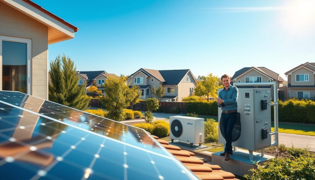A modern, energy-efficient home exterior showcasing cutting-edge solar panels and a heat pump system. In the foreground, sleek solar panels are mounted on a bright, responsive rooftop, reflecting sunlight. To the side, elegantly designed heat pump units are secured, surrounded by lush greenery, under a clear blue sky. In the middle ground, a professional technician in smart casual attire is inspecting the system, emphasizing reliability and service quality. The background features a suburban neighborhood with eco-friendly homes, highlighting sustainability. The atmosphere is bright and optimistic, with warm sunlight bathing the scene, capturing the essence of innovative energy solutions. The image should focus on professionalism and efficiency, inviting viewers to consider advanced energy solutions. A modern, energy-efficient home exterior showcasing cutting-edge solar panels and a heat pump system. In the foreground, sleek solar panels are mounted on a bright, responsive rooftop, reflecting sunlight. To the side, elegantly designed heat pump units are secured, surrounded by lush greenery, under a clear blue sky. In the middle ground, a professional technician in smart casual attire is inspecting the system, emphasizing reliability and service quality. The background features a suburban neighborhood with eco-friendly homes, highlighting sustainability. The atmosphere is bright and optimistic, with warm sunlight bathing the scene, capturing the essence of innovative energy solutions. The image should focus on professionalism and efficiency, inviting viewers to consider advanced energy solutions.