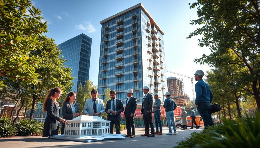 A modern office building featuring a sleek glass façade, surrounded by lush greenery and a blue sky. In the foreground, a diverse group of professionals in business attire discusses architectural plans beside a small model of the building. The middle ground showcases workers actively engaged in construction, wearing hard hats, with scaffolding and machinery present, illustrating a live project. In the background, the completed building stands prominently, demonstrating its innovative design and sustainable features, bathed in soft daylight to create a warm, inviting atmosphere. Capture this scene with a wide-angle lens to emphasize depth, highlighting the collaboration in urban development. The mood conveys professionalism and dedication to high-quality construction. A modern office building featuring a sleek glass façade, surrounded by lush greenery and a blue sky. In the foreground, a diverse group of professionals in business attire discusses architectural plans beside a small model of the building. The middle ground showcases workers actively engaged in construction, wearing hard hats, with scaffolding and machinery present, illustrating a live project. In the background, the completed building stands prominently, demonstrating its innovative design and sustainable features, bathed in soft daylight to create a warm, inviting atmosphere. Capture this scene with a wide-angle lens to emphasize depth, highlighting the collaboration in urban development. The mood conveys professionalism and dedication to high-quality construction.
