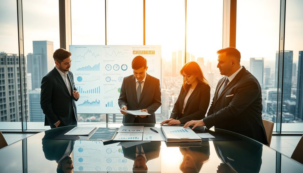 A modern office environment focused on financial legal data reliability. In the foreground, a professional, diverse group of business people in formal attire, analyzing charts and documents on a sleek glass table. In the middle ground, a large digital screen displays intricate data visualizations and financial graphs, reflecting trends and statistics. The background features floor-to-ceiling windows with a panoramic city skyline, bathed in warm, natural sunlight that creates an optimistic atmosphere. The lighting is bright and inviting, emphasizing the professionalism of the scene. A shallow depth of field captures the group's engaged expressions, conveying a sense of trust and confidence in the financial data they are discussing. A modern office environment focused on financial legal data reliability. In the foreground, a professional, diverse group of business people in formal attire, analyzing charts and documents on a sleek glass table. In the middle ground, a large digital screen displays intricate data visualizations and financial graphs, reflecting trends and statistics. The background features floor-to-ceiling windows with a panoramic city skyline, bathed in warm, natural sunlight that creates an optimistic atmosphere. The lighting is bright and inviting, emphasizing the professionalism of the scene. A shallow depth of field captures the group's engaged expressions, conveying a sense of trust and confidence in the financial data they are discussing.