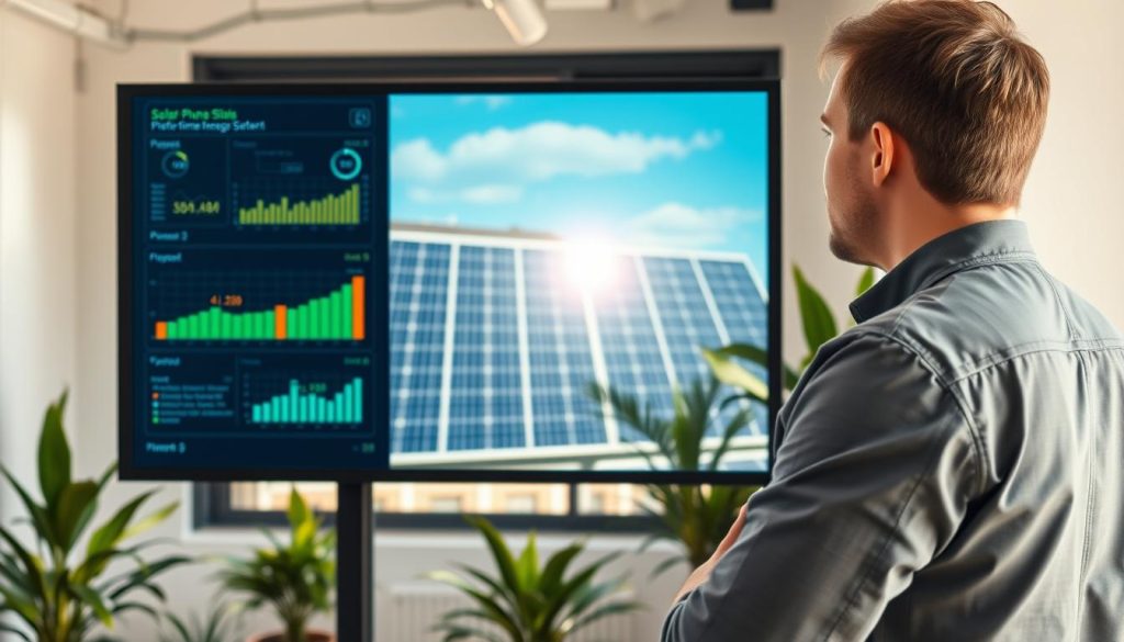 A modern office environment showcasing a performance monitoring system for photovoltaic installations. In the foreground, a professional technician examines a high-tech screen displaying real-time data and analytics of solar energy performance. The middle section features solar panels through a large window, gleaming under natural sunlight, symbolizing efficiency and sustainability. The background reveals a contemporary office with green plants, emphasizing eco-friendliness. The scene is well-lit with soft, warm lighting to create an optimistic atmosphere, shot from a slightly elevated angle to capture both the technician and the impressive solar setup. No text or additional elements disrupt the focus on the professional monitoring aspect of solar panel performance. A modern office environment showcasing a performance monitoring system for photovoltaic installations. In the foreground, a professional technician examines a high-tech screen displaying real-time data and analytics of solar energy performance. The middle section features solar panels through a large window, gleaming under natural sunlight, symbolizing efficiency and sustainability. The background reveals a contemporary office with green plants, emphasizing eco-friendliness. The scene is well-lit with soft, warm lighting to create an optimistic atmosphere, shot from a slightly elevated angle to capture both the technician and the impressive solar setup. No text or additional elements disrupt the focus on the professional monitoring aspect of solar panel performance.