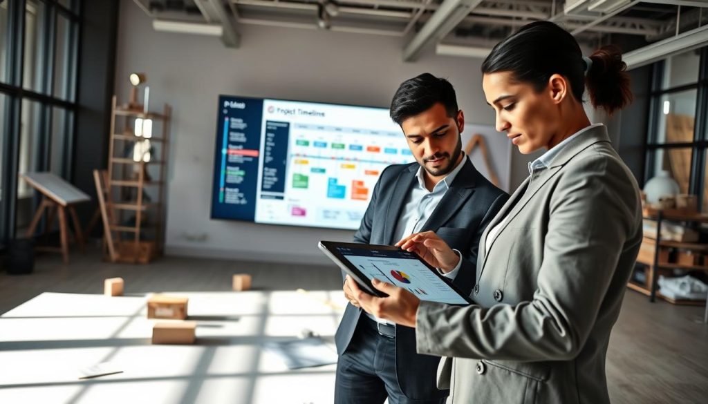 A modern office environment showcasing a project management scene focused on construction and renovation timelines. In the foreground, a diverse group of three professionals in business attire is examining a detailed timeline chart on a digital tablet. The middle ground features a large wall-mounted screen displaying a colorful project timeline with milestones, deadlines, and key performance indicators. The background includes construction blueprints and architectural models, emphasizing planning and execution. Soft, natural lighting streams through large windows, creating a bright and productive atmosphere. The overall mood is one of collaboration, efficiency, and forward-thinking, reflecting the theme of timely intervention and project realization. A modern office environment showcasing a project management scene focused on construction and renovation timelines. In the foreground, a diverse group of three professionals in business attire is examining a detailed timeline chart on a digital tablet. The middle ground features a large wall-mounted screen displaying a colorful project timeline with milestones, deadlines, and key performance indicators. The background includes construction blueprints and architectural models, emphasizing planning and execution. Soft, natural lighting streams through large windows, creating a bright and productive atmosphere. The overall mood is one of collaboration, efficiency, and forward-thinking, reflecting the theme of timely intervention and project realization.