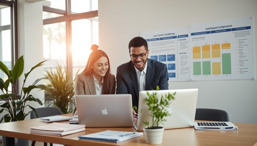 A modern office environment showcasing a responsive customer service team for Solarbird solar panel installations. In the foreground, a diverse group of two professionals in business attire is engaged in a discussion over a laptop, analyzing data related to solar panel performance and customer feedback. In the middle, a well-organized workspace with solar installation manuals, a plant for a touch of nature, and a poster highlighting benefits of Solarbird services. Soft, natural light enters through large windows, casting a warm glow that creates an inviting atmosphere. The background features a detailed chart of solar energy efficiency, portraying a sense of professionalism and dedication to customer satisfaction. The overall mood is one of collaboration and responsiveness, emphasizing ongoing support and trust in expert services. A modern office environment showcasing a responsive customer service team for Solarbird solar panel installations. In the foreground, a diverse group of two professionals in business attire is engaged in a discussion over a laptop, analyzing data related to solar panel performance and customer feedback. In the middle, a well-organized workspace with solar installation manuals, a plant for a touch of nature, and a poster highlighting benefits of Solarbird services. Soft, natural light enters through large windows, casting a warm glow that creates an inviting atmosphere. The background features a detailed chart of solar energy efficiency, portraying a sense of professionalism and dedication to customer satisfaction. The overall mood is one of collaboration and responsiveness, emphasizing ongoing support and trust in expert services.