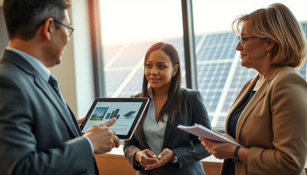 A professional and serene office environment showcasing a team of three diverse professionals discussing photovoltaic solar equipment warranties. In the foreground, a middle-aged Asian man in a tailored suit is pointing at a digital tablet displaying solar panel graphics, while a young Black woman in business casual attire nods in agreement. A middle-aged Caucasian woman looks focused, taking notes on a notepad. In the background, a bright window allows natural light, illuminating solar panels outside. The atmosphere is collaborative and positive, emphasizing trust and long-term security in solar energy solutions. Soft, warm lighting enhances the professional yet approachable mood, with a shallow depth of field to keep attention on the discussion. No text or overlays are included. A professional and serene office environment showcasing a team of three diverse professionals discussing photovoltaic solar equipment warranties. In the foreground, a middle-aged Asian man in a tailored suit is pointing at a digital tablet displaying solar panel graphics, while a young Black woman in business casual attire nods in agreement. A middle-aged Caucasian woman looks focused, taking notes on a notepad. In the background, a bright window allows natural light, illuminating solar panels outside. The atmosphere is collaborative and positive, emphasizing trust and long-term security in solar energy solutions. Soft, warm lighting enhances the professional yet approachable mood, with a shallow depth of field to keep attention on the discussion. No text or overlays are included.