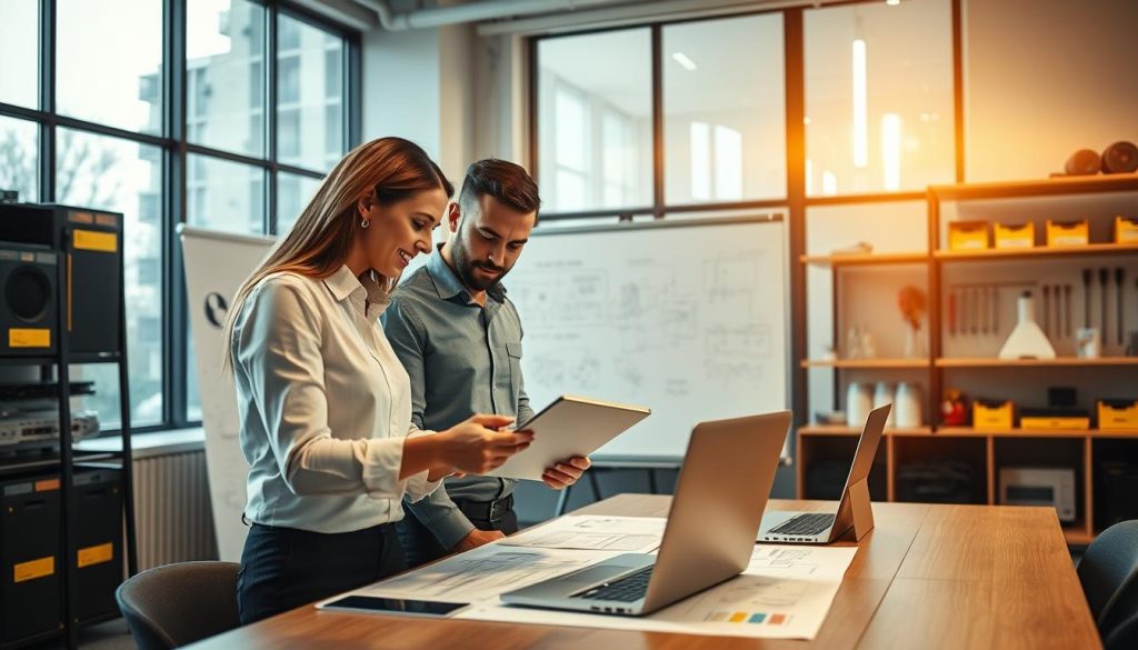 A professional energy subcontractor team collaborating in an office environment, showcasing expertise and teamwork. In the foreground, two technicians, a woman and a man, are discussing plans over a digital tablet, both dressed in smart business attire. The middle ground features a whiteboard filled with diagrams and energy solutions, while a laptop rests on the table. In the background, large windows allow natural light to flood the room, illuminating various energy displays and tools lining the shelves. The atmosphere is one of focus and professionalism, hinting at innovation. The image should have warm lighting to evoke a sense of trust and competence, captured from a slightly elevated angle to provide depth and context to the workspace. A professional energy subcontractor team collaborating in an office environment, showcasing expertise and teamwork. In the foreground, two technicians, a woman and a man, are discussing plans over a digital tablet, both dressed in smart business attire. The middle ground features a whiteboard filled with diagrams and energy solutions, while a laptop rests on the table. In the background, large windows allow natural light to flood the room, illuminating various energy displays and tools lining the shelves. The atmosphere is one of focus and professionalism, hinting at innovation. The image should have warm lighting to evoke a sense of trust and competence, captured from a slightly elevated angle to provide depth and context to the workspace.