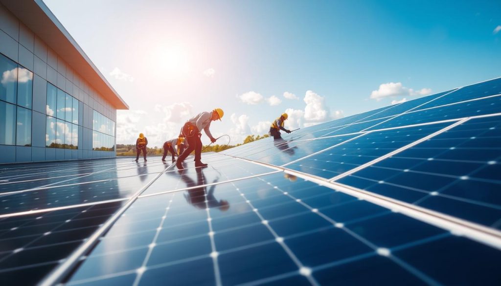 A professional photovoltaic installation on a modern commercial building roof, showcasing sleek solar panels reflecting sunlight. In the foreground, a team of technicians in professional work attire, collaborating as they install the panels, using tools and equipment designed for solar energy systems. The middle ground features a vibrant green landscape, emphasizing the eco-friendly aspect of solar technology. The background shows a clear blue sky with soft, fluffy clouds, enhancing the brightness of the scene. The lighting is natural, capturing the essence of a sunny day, with a focus on the dynamics of teamwork and high-performance energy solutions. The atmosphere is one of innovation and professionalism, representing the reliability and advancements in solar technology for businesses. A professional photovoltaic installation on a modern commercial building roof, showcasing sleek solar panels reflecting sunlight. In the foreground, a team of technicians in professional work attire, collaborating as they install the panels, using tools and equipment designed for solar energy systems. The middle ground features a vibrant green landscape, emphasizing the eco-friendly aspect of solar technology. The background shows a clear blue sky with soft, fluffy clouds, enhancing the brightness of the scene. The lighting is natural, capturing the essence of a sunny day, with a focus on the dynamics of teamwork and high-performance energy solutions. The atmosphere is one of innovation and professionalism, representing the reliability and advancements in solar technology for businesses.