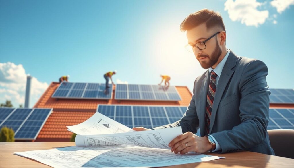 A detailed illustration depicting the steps for connecting a solar energy system. In the foreground, a professional consultant dressed in business attire is reviewing blueprints on a table with solar panel schematics. The middle ground features a solar installation site with workers in safety gear installing solar panels on a rooftop, showcasing teamwork and progress. In the background, clear blue skies and a few fluffy white clouds enhance the optimistic atmosphere. Soft sunlight casts natural lighting, emphasizing the bright, eco-friendly appeal of solar energy. The composition captures a sense of achievement and professionalism, reflecting the key stages of a successful solar project. A detailed illustration depicting the steps for connecting a solar energy system. In the foreground, a professional consultant dressed in business attire is reviewing blueprints on a table with solar panel schematics. The middle ground features a solar installation site with workers in safety gear installing solar panels on a rooftop, showcasing teamwork and progress. In the background, clear blue skies and a few fluffy white clouds enhance the optimistic atmosphere. Soft sunlight casts natural lighting, emphasizing the bright, eco-friendly appeal of solar energy. The composition captures a sense of achievement and professionalism, reflecting the key stages of a successful solar project.