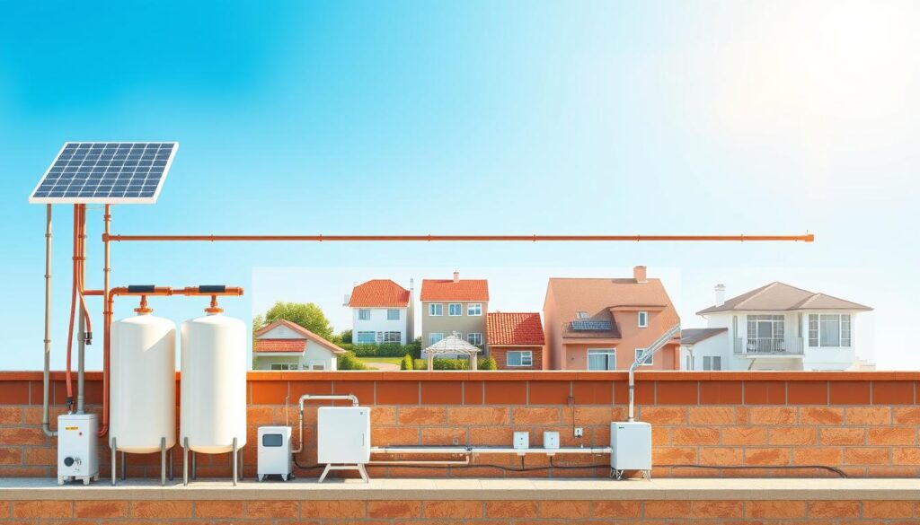 A detailed illustration of solar heating systems, specifically showcasing combined solar connection diagrams. The foreground features various interconnected elements like solar panels, storage tanks, and piping systems with labels indicating their function. In the middle ground, a series of practical scenarios depict these systems in different settings, such as residential rooftops and commercial buildings, highlighting their applications. The background should be a clear blue sky, emphasizing the sunny conditions ideal for solar energy. The image is well-lit with soft natural sunlight, creating a professional, informative atmosphere. Use a wide-angle perspective to capture the entire setup, ensuring clarity in the technical aspects without any text or branding elements. A detailed illustration of solar heating systems, specifically showcasing combined solar connection diagrams. The foreground features various interconnected elements like solar panels, storage tanks, and piping systems with labels indicating their function. In the middle ground, a series of practical scenarios depict these systems in different settings, such as residential rooftops and commercial buildings, highlighting their applications. The background should be a clear blue sky, emphasizing the sunny conditions ideal for solar energy. The image is well-lit with soft natural sunlight, creating a professional, informative atmosphere. Use a wide-angle perspective to capture the entire setup, ensuring clarity in the technical aspects without any text or branding elements.