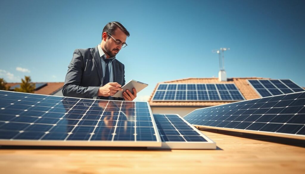 A detailed scene showcasing a modern solar panel installation, emphasizing a variety of solar panel brands laid out neatly on a table in the foreground. Include distinct panels from brands like Huawei, mounted side by side for comparison. In the middle ground, depict a professional consultant in business attire, examining a solar panel with a thoughtful expression, using a tablet for notes. The background features a sunny, outdoor setting with a clear blue sky and a residential rooftop with solar panels, symbolizing sustainability and clean energy. The lighting is bright and natural, creating an optimistic and informative atmosphere. Use a wide-angle perspective to capture the entire scene, focusing on clarity and detail. A detailed scene showcasing a modern solar panel installation, emphasizing a variety of solar panel brands laid out neatly on a table in the foreground. Include distinct panels from brands like Huawei, mounted side by side for comparison. In the middle ground, depict a professional consultant in business attire, examining a solar panel with a thoughtful expression, using a tablet for notes. The background features a sunny, outdoor setting with a clear blue sky and a residential rooftop with solar panels, symbolizing sustainability and clean energy. The lighting is bright and natural, creating an optimistic and informative atmosphere. Use a wide-angle perspective to capture the entire scene, focusing on clarity and detail.