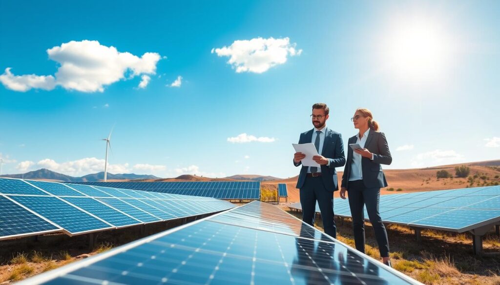 A dynamic solar energy landscape, showcasing a modern solar farm with sleek solar panels glistening under a bright sun. In the foreground, enthusiastic professionals in business attire discuss and analyze solar technologies, with digital tablets and plans in hand, representing innovation and collaboration. The middle ground features advanced solar arrays aligned strategically, symbolizing the industry's challenges and perspectives. In the background, gently rolling hills meet a clear blue sky with a few fluffy clouds, creating an optimistic atmosphere. Soft, natural lighting illuminates the scene, highlighting the professionalism and determination of those in the solar sector. This image conveys a sense of forward-thinking and resilience in the face of competition. A dynamic solar energy landscape, showcasing a modern solar farm with sleek solar panels glistening under a bright sun. In the foreground, enthusiastic professionals in business attire discuss and analyze solar technologies, with digital tablets and plans in hand, representing innovation and collaboration. The middle ground features advanced solar arrays aligned strategically, symbolizing the industry's challenges and perspectives. In the background, gently rolling hills meet a clear blue sky with a few fluffy clouds, creating an optimistic atmosphere. Soft, natural lighting illuminates the scene, highlighting the professionalism and determination of those in the solar sector. This image conveys a sense of forward-thinking and resilience in the face of competition.