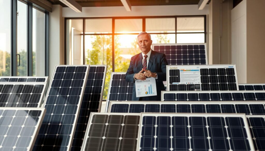 A modern and informative setting showcasing a selection of solar panels, presented in a well-lit, professional environment. In the foreground, an assortment of high-quality solar panels from various reputable brands, displayed with clear distinctions in design and features. In the middle ground, a professional expert in business attire discusses the benefits and specifications of each panel, gesturing to a detailed chart on a nearby table. The background features a sunny outdoor view through a glass window, reinforcing the concept of solar energy. The lighting is bright and inviting, with soft shadows to create depth. The overall mood is optimistic and educational, emphasizing the importance of selecting the right solar panels for sustainable energy. A modern and informative setting showcasing a selection of solar panels, presented in a well-lit, professional environment. In the foreground, an assortment of high-quality solar panels from various reputable brands, displayed with clear distinctions in design and features. In the middle ground, a professional expert in business attire discusses the benefits and specifications of each panel, gesturing to a detailed chart on a nearby table. The background features a sunny outdoor view through a glass window, reinforcing the concept of solar energy. The lighting is bright and inviting, with soft shadows to create depth. The overall mood is optimistic and educational, emphasizing the importance of selecting the right solar panels for sustainable energy.