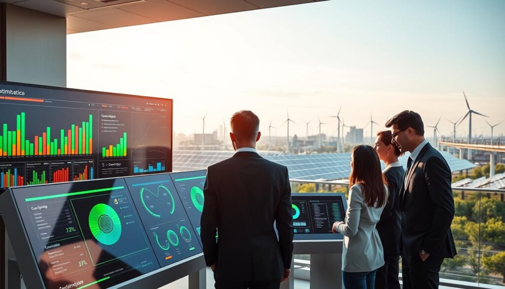 A modern, digital workspace showcasing the optimization of energy production and consumption. In the foreground, a diverse group of professionals dressed in smart business attire, intently analyzing data on large screens displaying vibrant graphs and metrics related to energy efficiency. The middle ground features a sleek, interactive control panel with energy monitoring tools, glowing with green and blue accents, symbolizing sustainability. In the background, a cityscape with solar panels and wind turbines, under a clear sky with sunlight casting soft shadows. The overall mood is innovative and collaborative, emphasizing a commitment to smart energy management. Utilize bright and inviting lighting to create a hopeful and forward-looking atmosphere.