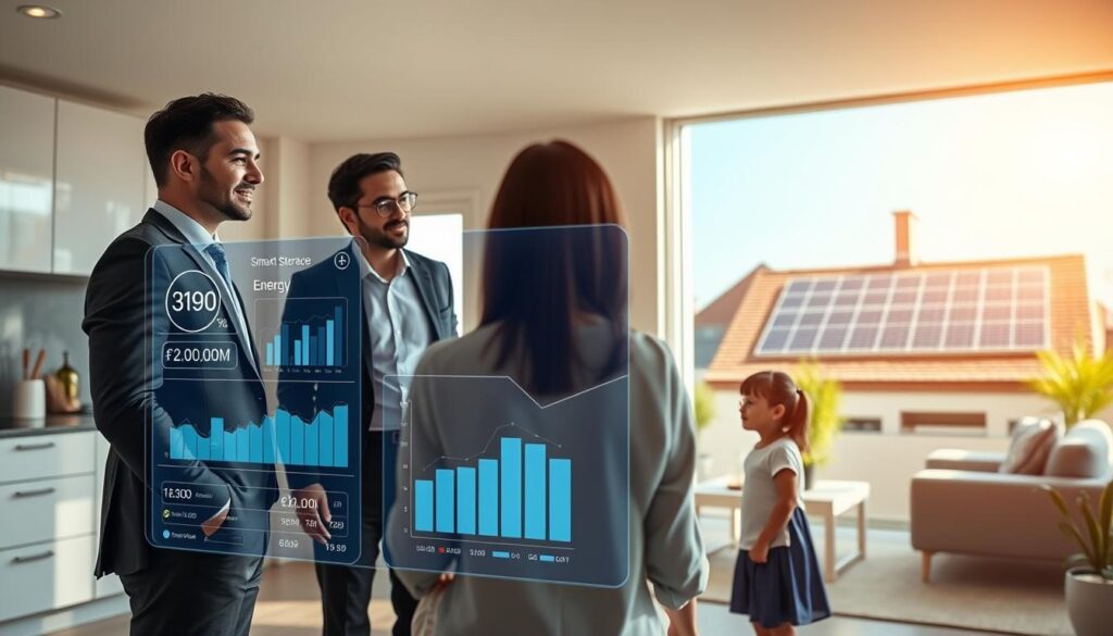 A modern, sleek residential setting showcasing a family interacting harmoniously with a virtual energy storage system. In the foreground, a professional-looking individual in business attire stands next to a futuristic, digital interface displaying energy consumption graphs and solar energy data. In the middle ground, the kitchen opens up to a bright living room, filled with natural light, highlighting smart home devices that optimize energy use. The background features solar panels on the roof, under a clear blue sky. Soft, ambient lighting creates a warm and inviting atmosphere, emphasizing innovation and sustainability. The angle is slightly elevated, capturing both the interior and the solar technology in an engaging composition. A modern, sleek residential setting showcasing a family interacting harmoniously with a virtual energy storage system. In the foreground, a professional-looking individual in business attire stands next to a futuristic, digital interface displaying energy consumption graphs and solar energy data. In the middle ground, the kitchen opens up to a bright living room, filled with natural light, highlighting smart home devices that optimize energy use. The background features solar panels on the roof, under a clear blue sky. Soft, ambient lighting creates a warm and inviting atmosphere, emphasizing innovation and sustainability. The angle is slightly elevated, capturing both the interior and the solar technology in an engaging composition.