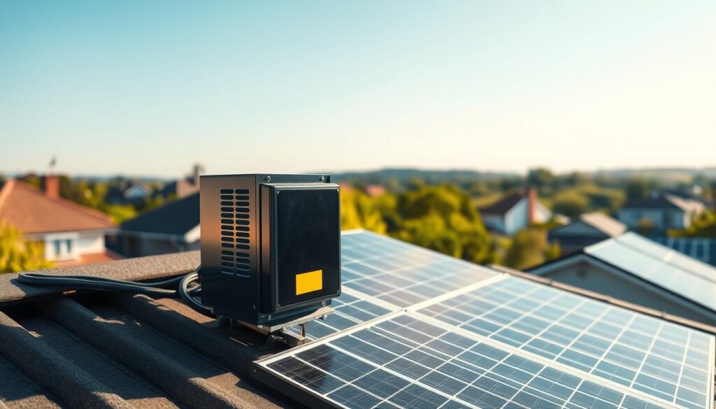 A modern solar panel system installed on a rooftop, showcasing an innovative performance optimiser unit prominently in the foreground. The middle ground features several solar panels glinting under a bright blue sky, symbolizing energy efficiency. In the background, a picturesque suburban landscape with lush greenery reflects a sustainable lifestyle. Soft, warm lighting enhances the inviting atmosphere, capturing a bright late afternoon feel. The angle is slightly elevated, providing a comprehensive view of the rooftop installation. This image conveys a sense of technological advancement and environmental consciousness, ideal for illustrating the optimization of solar energy performance. The overall mood is optimistic and forward-looking, emphasizing the potential for energy savings and efficiency.