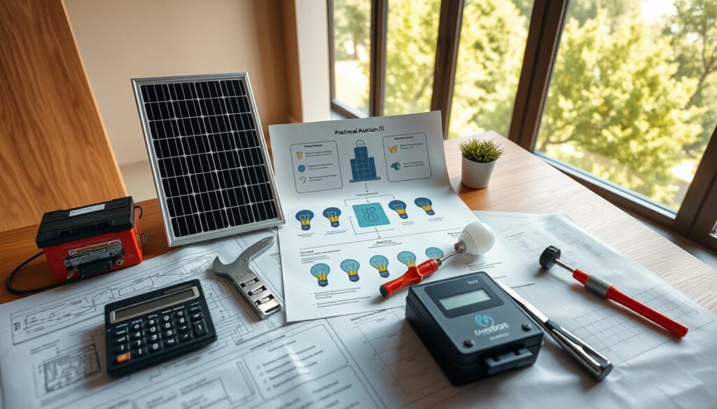 A professional and informative scene showcasing practical advice for a solar self-consumption kit project. In the foreground, a well-organized workspace featuring blueprints and a calculator, alongside a small solar panel and battery setup. In the middle, an engaging diagram illustrating solar panel installation and energy savings, surrounded by tools and equipment like a wrench, screwdriver, and energy-efficient light bulbs. In the background, a large window reveals a bright, sunny day with green trees outdoors, symbolizing renewable energy. The lighting is warm and inviting, emphasizing a productive atmosphere. The angle is slightly overhead, offering a clear view of the entire setup, creating a mood of motivation and success in renewable energy initiatives. A professional and informative scene showcasing practical advice for a solar self-consumption kit project. In the foreground, a well-organized workspace featuring blueprints and a calculator, alongside a small solar panel and battery setup. In the middle, an engaging diagram illustrating solar panel installation and energy savings, surrounded by tools and equipment like a wrench, screwdriver, and energy-efficient light bulbs. In the background, a large window reveals a bright, sunny day with green trees outdoors, symbolizing renewable energy. The lighting is warm and inviting, emphasizing a productive atmosphere. The angle is slightly overhead, offering a clear view of the entire setup, creating a mood of motivation and success in renewable energy initiatives.
