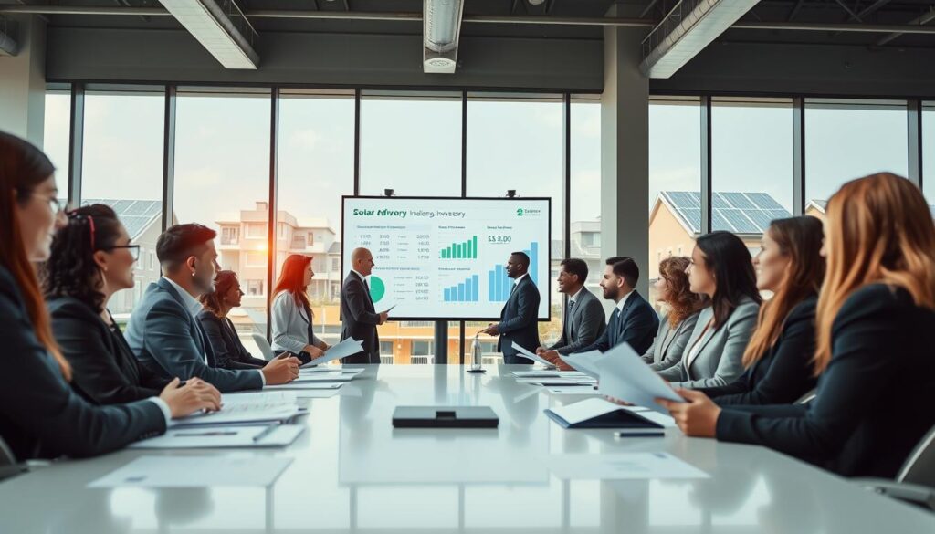 A professional office setting showcasing a financial advisory meeting focused on solar energy investments. In the foreground, a diverse group of business professionals, dressed in smart business attire, are engaged in discussion, reviewing financial documents and charts. The middle ground features a large display screen with solar energy statistics and regulatory guidelines. In the background, large windows illuminate the room with natural light, allowing a view of solar panels on building rooftops. The atmosphere is collaborative and optimistic, symbolizing progress and innovation in the solar energy sector. The lighting is bright and inviting, with a slight lens blur on the background to emphasize the meeting's focal point. A professional office setting showcasing a financial advisory meeting focused on solar energy investments. In the foreground, a diverse group of business professionals, dressed in smart business attire, are engaged in discussion, reviewing financial documents and charts. The middle ground features a large display screen with solar energy statistics and regulatory guidelines. In the background, large windows illuminate the room with natural light, allowing a view of solar panels on building rooftops. The atmosphere is collaborative and optimistic, symbolizing progress and innovation in the solar energy sector. The lighting is bright and inviting, with a slight lens blur on the background to emphasize the meeting's focal point.
