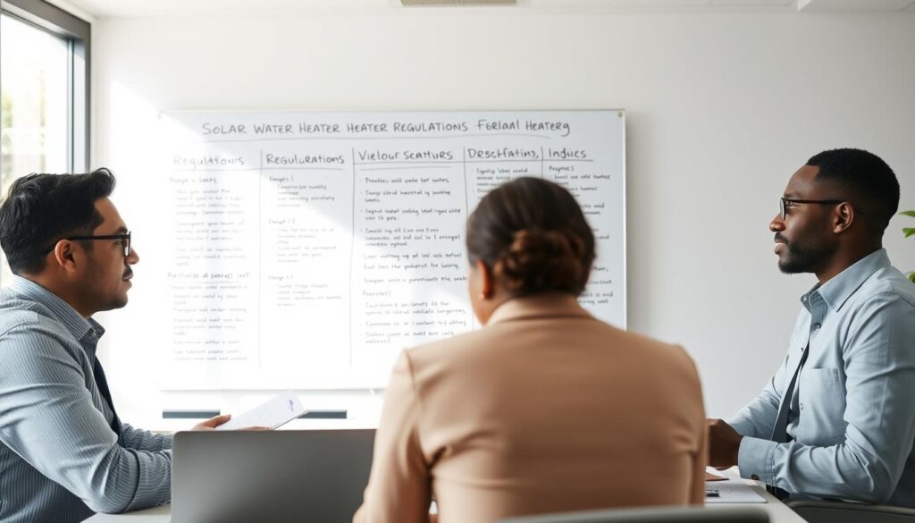 A professional office setting showcasing a meeting about solar water heater regulations. In the foreground, a diverse group of three individuals in business attire, two men and one woman, are engaged in a discussion. They are surrounded by paperwork and a laptop, with a visible document titled "Solar Water Heater Regulations." In the middle ground, a large whiteboard displays diagrams and bullet points about regulations and administrative procedures related to solar water heaters. The background features a large window letting in natural light, creating a bright ambiance. The overall mood conveys professionalism and collaboration, emphasizing the importance of understanding regulations in renewable energy. The image should be bright and clear, with a focus on detail and organization.