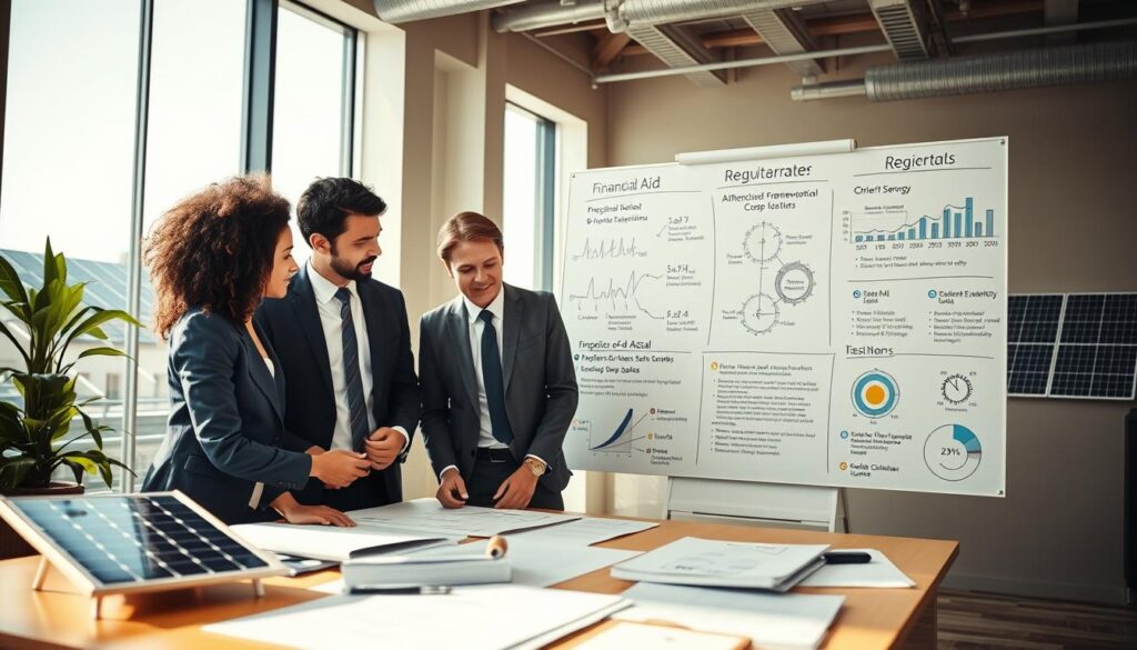 A professional setting showcasing solar energy project support and regulations. In the foreground, a diverse group of three professionals in business attire discusses plans over a table with solar panel models and documents spread out. The middle ground features a large, informative whiteboard filled with charts, graphs, and bullet points highlighting financial aid and regulatory frameworks for solar energy projects. In the background, a bright, modern office with large windows allows natural light to flood in, revealing solar panels on a rooftop. The atmosphere is collaborative and focused, emphasizing innovation and sustainability in solar energy. The lighting is warm and inviting, with a dynamic angle capturing both the participants and the informative elements prominently. A professional setting showcasing solar energy project support and regulations. In the foreground, a diverse group of three professionals in business attire discusses plans over a table with solar panel models and documents spread out. The middle ground features a large, informative whiteboard filled with charts, graphs, and bullet points highlighting financial aid and regulatory frameworks for solar energy projects. In the background, a bright, modern office with large windows allows natural light to flood in, revealing solar panels on a rooftop. The atmosphere is collaborative and focused, emphasizing innovation and sustainability in solar energy. The lighting is warm and inviting, with a dynamic angle capturing both the participants and the informative elements prominently.