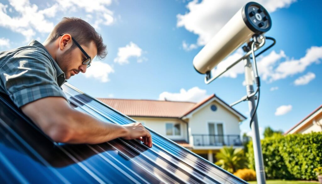 A professional technician in a modest casual outfit, focused on installing a solar water heater system on a sunny day. In the foreground, the technician is adjusting the solar panels, showcasing detailed tools and components for installation, like pipes and connectors. The middle layer features the solar water heater tank, with clear indications of its size and design, connected to the panels above. In the background, a blue sky with a few fluffy clouds and a residential building with a well-maintained garden, emphasizing the context of home energy solutions. Soft, natural lighting illuminates the scene, enhancing the vibrant colors of the panels and the greenery around. The overall atmosphere is one of professionalism and expertise, capturing the installation process. A professional technician in a modest casual outfit, focused on installing a solar water heater system on a sunny day. In the foreground, the technician is adjusting the solar panels, showcasing detailed tools and components for installation, like pipes and connectors. The middle layer features the solar water heater tank, with clear indications of its size and design, connected to the panels above. In the background, a blue sky with a few fluffy clouds and a residential building with a well-maintained garden, emphasizing the context of home energy solutions. Soft, natural lighting illuminates the scene, enhancing the vibrant colors of the panels and the greenery around. The overall atmosphere is one of professionalism and expertise, capturing the installation process.