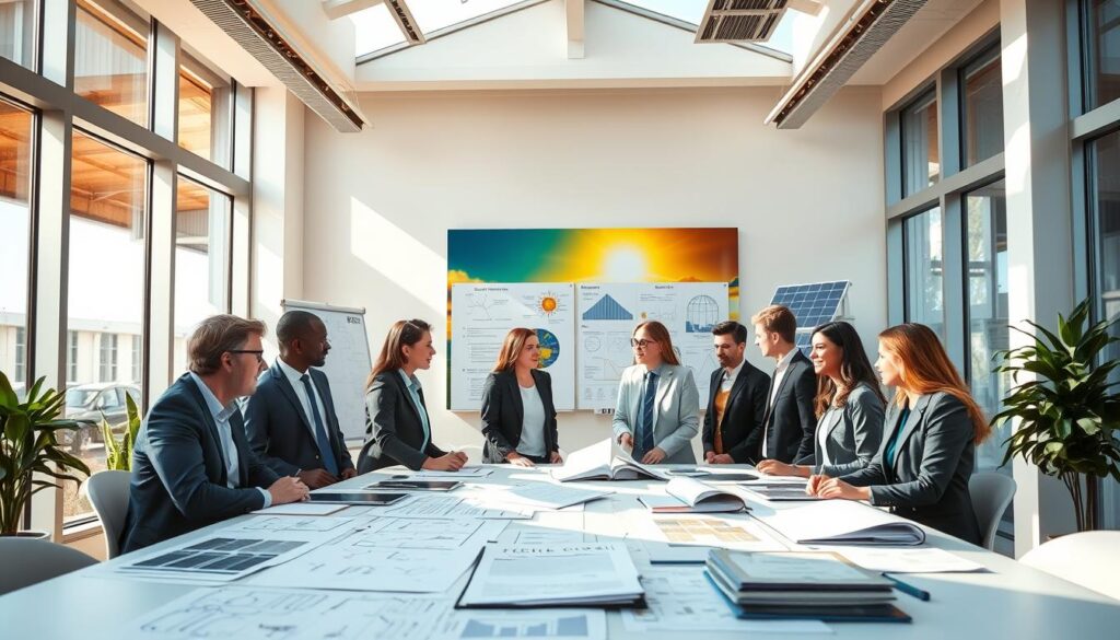A vibrant modern office environment filled with sunlight streaming through large windows, showcasing a sleek desk with documents and plans related to solar energy regulation and incentives. In the foreground, a diverse group of professionals, dressed in professional business attire, are engaged in a discussion around a table cluttered with solar panel schematics and legal guides. In the middle ground, a whiteboard covered with flowcharts and diagrams illustrates solar energy legislation. The background features a large poster of a sunny French landscape with solar panels reflecting the sun's rays, conveying a sense of innovation and hope. The lighting is bright and cheerful, creating an optimistic atmosphere, with a focus on collaboration and knowledge-sharing in the renewable energy sector. A vibrant modern office environment filled with sunlight streaming through large windows, showcasing a sleek desk with documents and plans related to solar energy regulation and incentives. In the foreground, a diverse group of professionals, dressed in professional business attire, are engaged in a discussion around a table cluttered with solar panel schematics and legal guides. In the middle ground, a whiteboard covered with flowcharts and diagrams illustrates solar energy legislation. The background features a large poster of a sunny French landscape with solar panels reflecting the sun's rays, conveying a sense of innovation and hope. The lighting is bright and cheerful, creating an optimistic atmosphere, with a focus on collaboration and knowledge-sharing in the renewable energy sector.