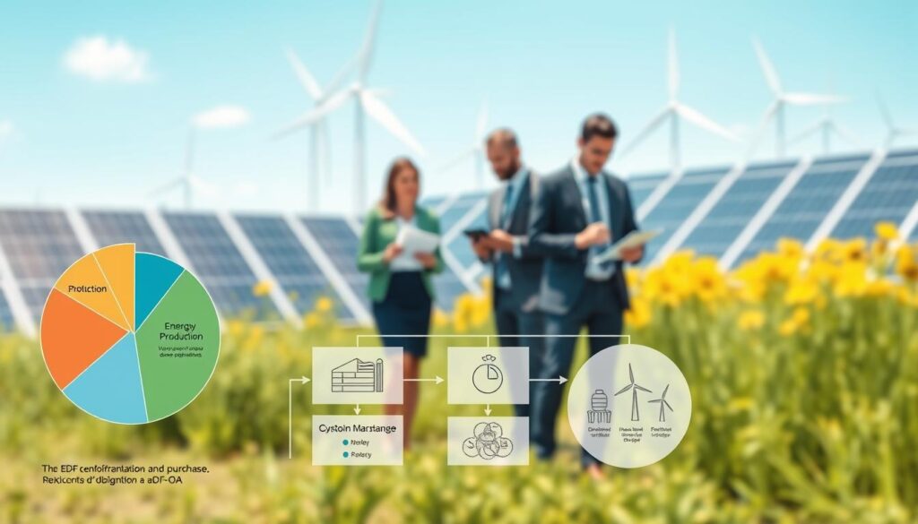 A visually engaging infographic-style illustration representing the operational dynamics of the EDF obligation to purchase (Contrat d'obligation d'achat EDF OA). In the foreground, showcase a pie chart and flowcharts displaying energy production, distribution, and purchasing mechanisms. In the middle ground, depict a professional setting with business people in smart attire discussing renewable energy sources, collaborating over documents and digital tablets. The background should feature solar panels and wind turbines partially blurred to symbolize sustainable energy. Use bright, clear lighting to create an optimistic atmosphere, with a slight perspective angle to enhance depth. The overall mood should be professional and informative, encapsulating the essence of renewable energy contracts without any text or other distractions. A visually engaging infographic-style illustration representing the operational dynamics of the EDF obligation to purchase (Contrat d'obligation d'achat EDF OA). In the foreground, showcase a pie chart and flowcharts displaying energy production, distribution, and purchasing mechanisms. In the middle ground, depict a professional setting with business people in smart attire discussing renewable energy sources, collaborating over documents and digital tablets. The background should feature solar panels and wind turbines partially blurred to symbolize sustainable energy. Use bright, clear lighting to create an optimistic atmosphere, with a slight perspective angle to enhance depth. The overall mood should be professional and informative, encapsulating the essence of renewable energy contracts without any text or other distractions.